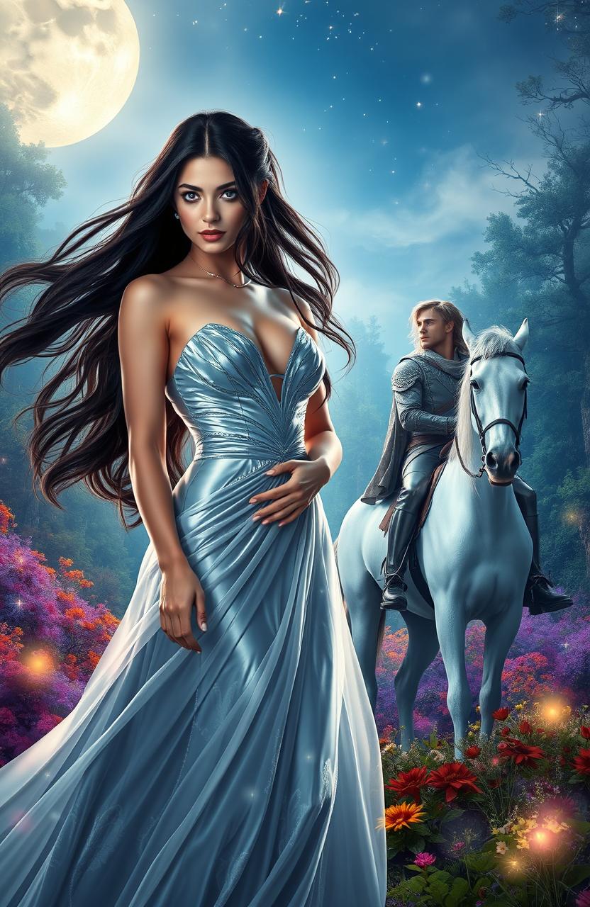 A captivating new adult romance fantasy scene featuring a strong and attractive heroine with flowing, long dark hair, wearing a shimmering silver gown that reflects the moonlight