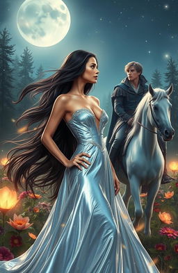 A captivating new adult romance fantasy scene featuring a strong and attractive heroine with flowing, long dark hair, wearing a shimmering silver gown that reflects the moonlight