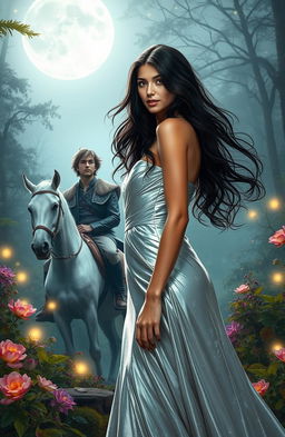 A captivating new adult romance fantasy scene featuring a strong and attractive heroine with flowing, long dark hair, wearing a shimmering silver gown that reflects the moonlight