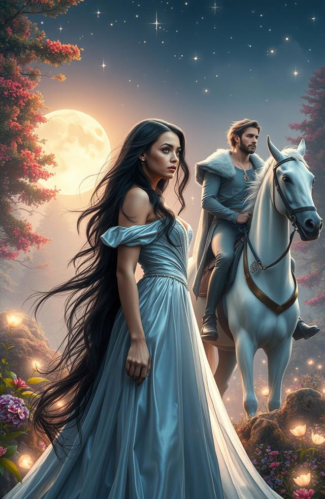 A captivating new adult romance fantasy scene featuring a strong and attractive heroine with flowing, long dark hair, wearing a shimmering silver gown that reflects the moonlight