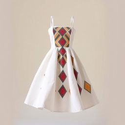 A fashionable, knee-length dress designed for women, featuring a colorful front with intricate diamond patterns