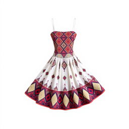 A fashionable, knee-length dress designed for women, featuring a colorful front with intricate diamond patterns