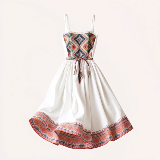 A fashionable, knee-length dress designed for women, featuring a colorful front with intricate diamond patterns