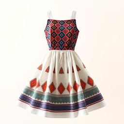 A fashionable, knee-length dress designed for women, featuring a colorful front with intricate diamond patterns