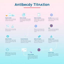 An aesthetically pleasing infographic illustrating the process of antibody titration laboratory testing, featuring 12 distinct steps