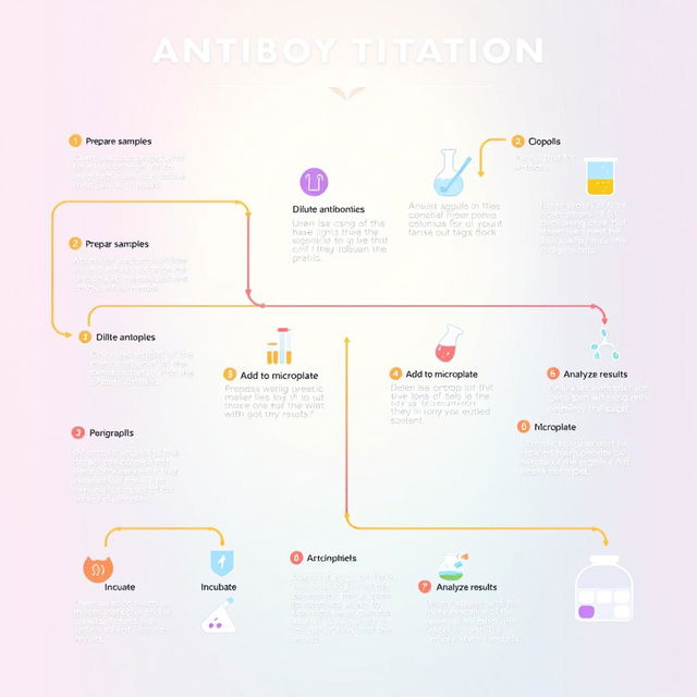 An aesthetically pleasing infographic illustrating the process of antibody titration laboratory testing, featuring 12 distinct steps