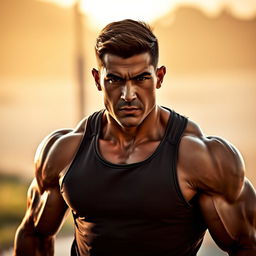 A strong and muscular person with bold, defined shoulders, depicted in a dramatic pose that emphasizes their upper body strength