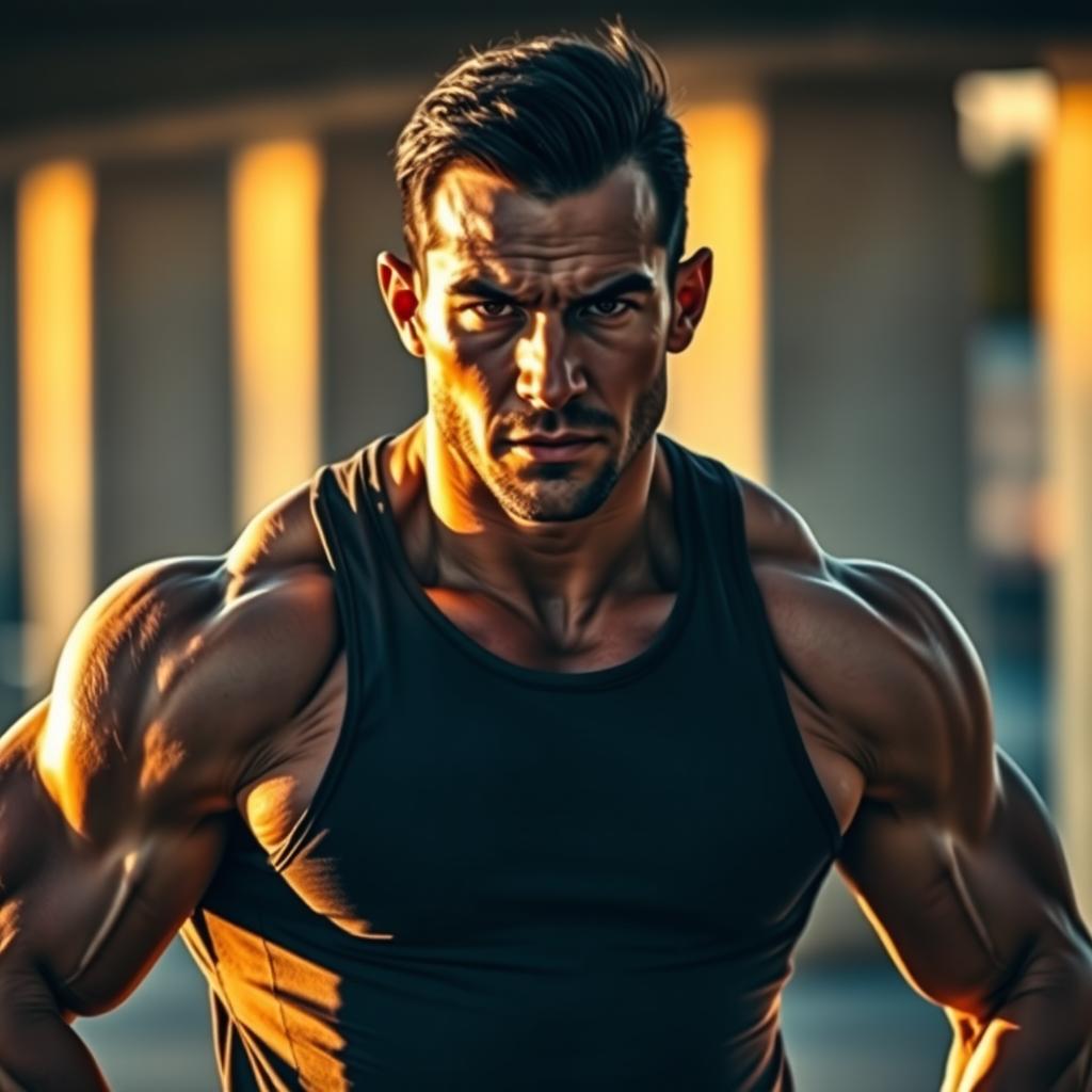 A strong and muscular person with bold, defined shoulders, depicted in a dramatic pose that emphasizes their upper body strength
