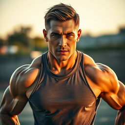 A strong and muscular person with bold, defined shoulders, depicted in a dramatic pose that emphasizes their upper body strength