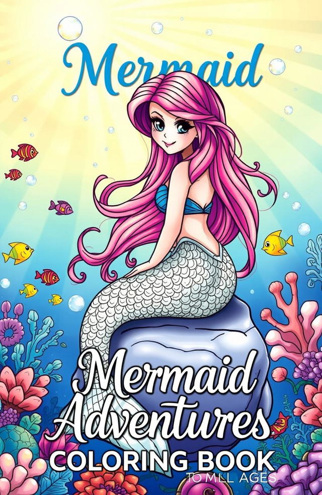 A whimsical and enchanting mermaid coloring book cover, featuring a beautifully illustrated mermaid with vibrant, flowing hair sitting on a rock amidst an underwater scene