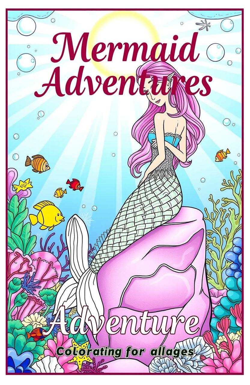 A whimsical and enchanting mermaid coloring book cover, featuring a beautifully illustrated mermaid with vibrant, flowing hair sitting on a rock amidst an underwater scene