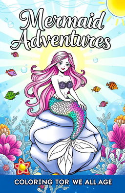 A whimsical and enchanting mermaid coloring book cover, featuring a beautifully illustrated mermaid with vibrant, flowing hair sitting on a rock amidst an underwater scene