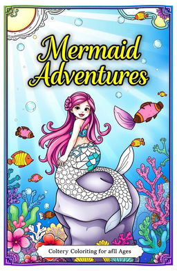 A whimsical and enchanting mermaid coloring book cover, featuring a beautifully illustrated mermaid with vibrant, flowing hair sitting on a rock amidst an underwater scene