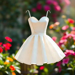 A stylish, elegant white patterned dress designed with a playful mini skirt and a heart-shaped neckline