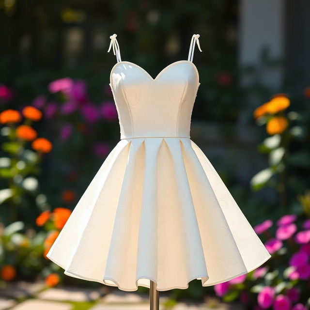 A stylish, elegant white patterned dress designed with a playful mini skirt and a heart-shaped neckline