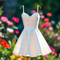 A stylish, elegant white patterned dress designed with a playful mini skirt and a heart-shaped neckline