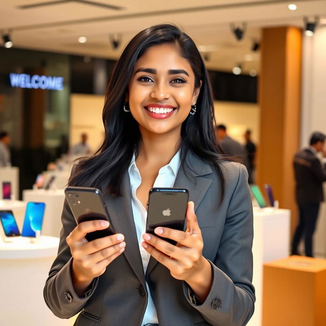 A smiling Indian Asian lady enthusiastically introducing a smartphone in a showroom