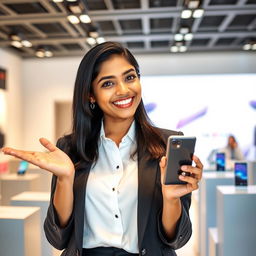 A smiling Indian Asian lady enthusiastically introducing a smartphone in a showroom