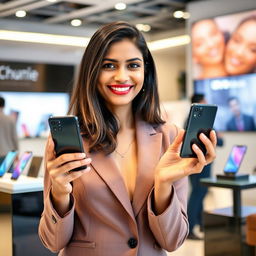 A smiling Indian Asian lady enthusiastically introducing a smartphone in a showroom