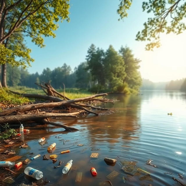 A serene river landscape depicting the theme of nature's damage, with pollution visible in the water