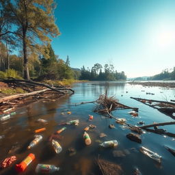 A serene river landscape depicting the theme of nature's damage, with pollution visible in the water