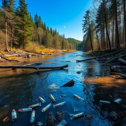 A serene river landscape depicting the theme of nature's damage, with pollution visible in the water