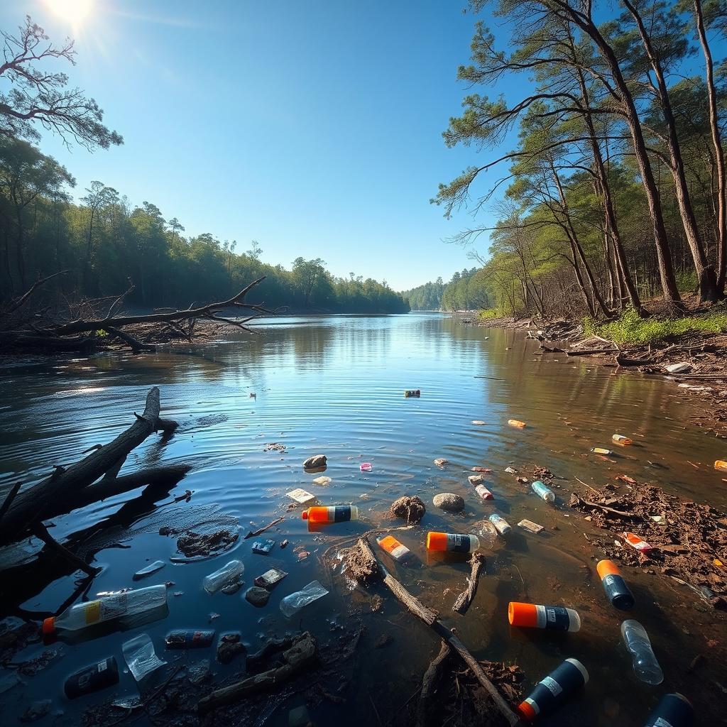 A serene river landscape depicting the theme of nature's damage, with pollution visible in the water