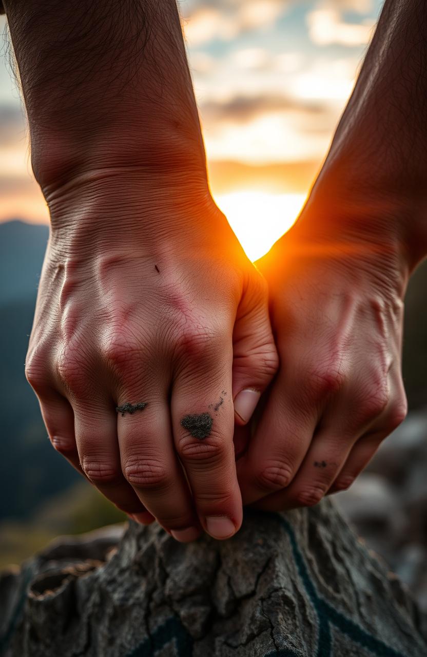 A powerful close-up of a person's hands gripping a rough, weathered surface, symbolizing the struggle of life