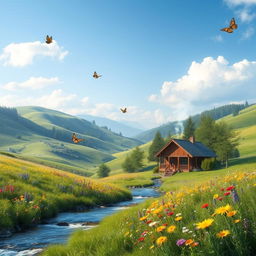 A serene and lush landscape with rolling hills under a clear blue sky, dotted with vibrant wildflowers in various colors
