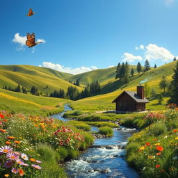 A serene and lush landscape with rolling hills under a clear blue sky, dotted with vibrant wildflowers in various colors
