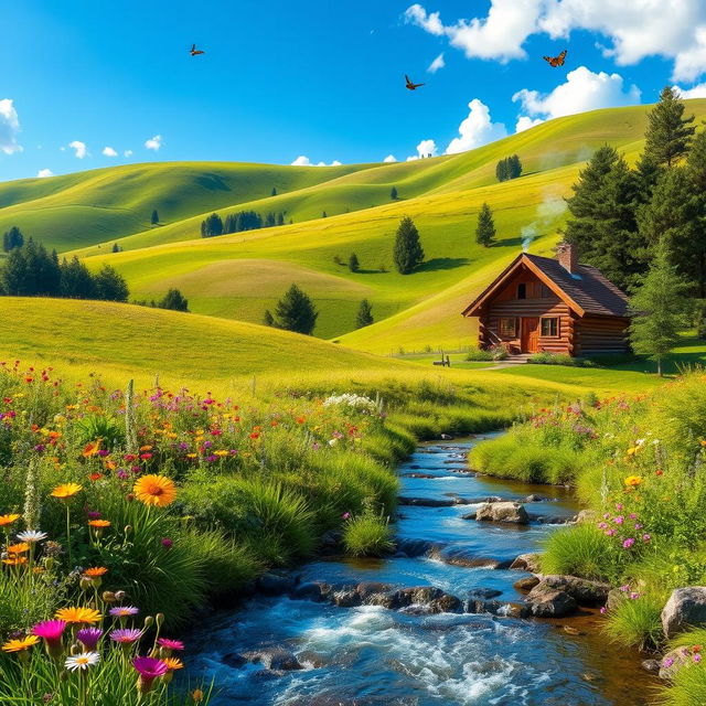 A serene and lush landscape with rolling hills under a clear blue sky, dotted with vibrant wildflowers in various colors