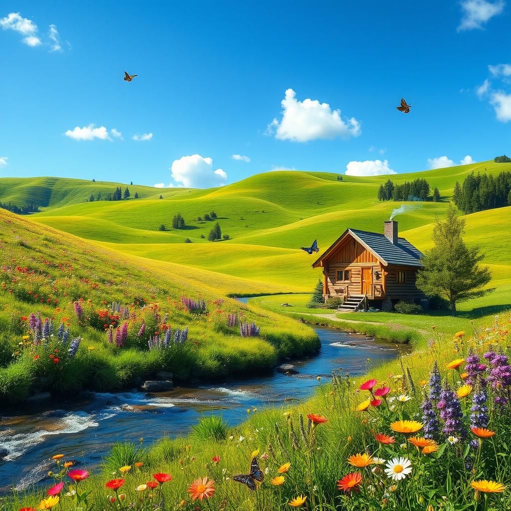 A serene and lush landscape with rolling hills under a clear blue sky, dotted with vibrant wildflowers in various colors