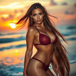 A stunning and confident woman with long flowing hair wearing a provocative outfit