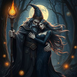 A mystical scene featuring a powerful wizard and a beautiful witch entwined in an intimate embrace