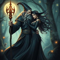 A mystical scene featuring a powerful wizard and a beautiful witch entwined in an intimate embrace