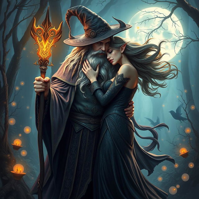 A mystical scene featuring a powerful wizard and a beautiful witch entwined in an intimate embrace