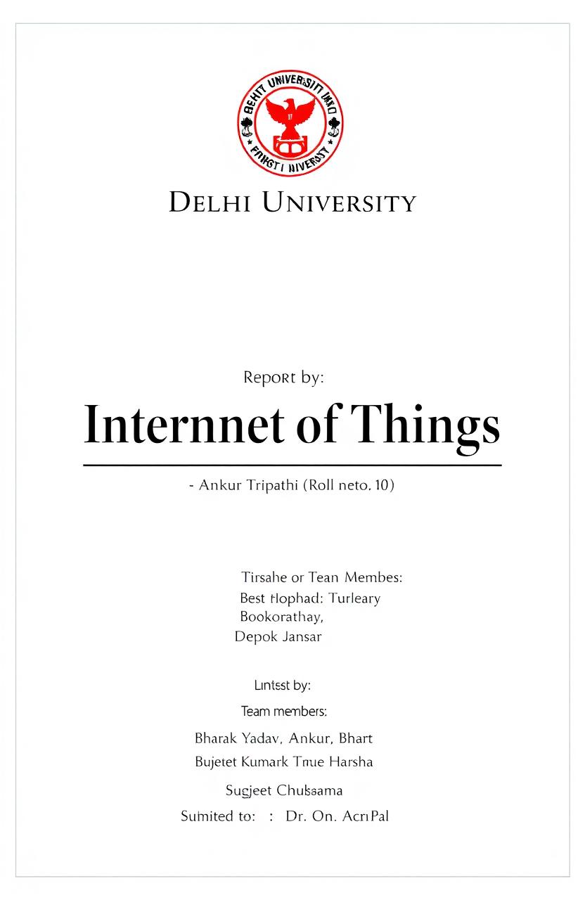 A professional project cover page design for a report titled 'Internet of Things'