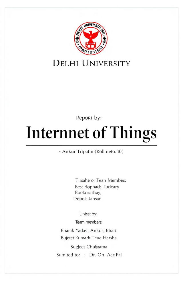 A professional project cover page design for a report titled 'Internet of Things'