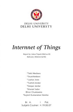 A professional project cover page design for a report titled 'Internet of Things'