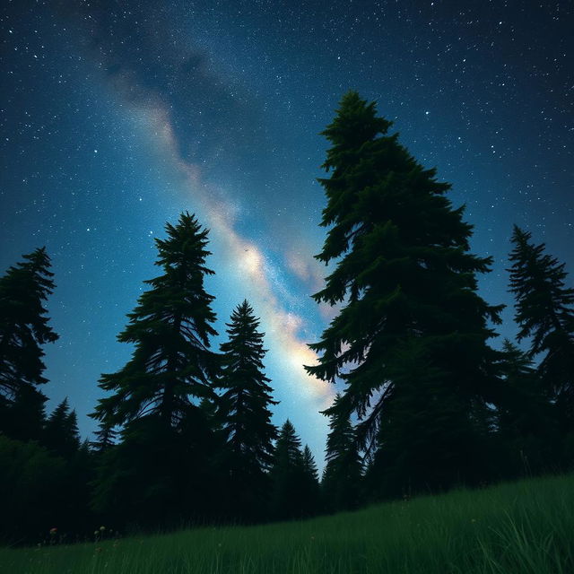 A serene landscape featuring tall, majestic trees silhouetted against a breathtaking starry sky