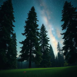 A serene landscape featuring tall, majestic trees silhouetted against a breathtaking starry sky