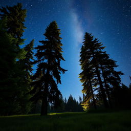 A serene landscape featuring tall, majestic trees silhouetted against a breathtaking starry sky