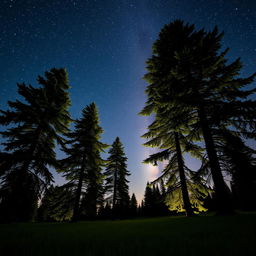 A serene landscape featuring tall, majestic trees silhouetted against a breathtaking starry sky