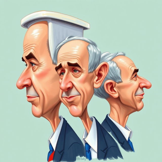 A caricature of Benjamin Netanyahu, with a humorous twist where his head is shaped like a toilet, featuring exaggerated facial features