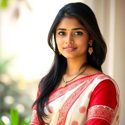 A realistic portrayal of a beautiful Bengali young lady dressed in a traditional red-bordered white saree, featuring intricate patterns