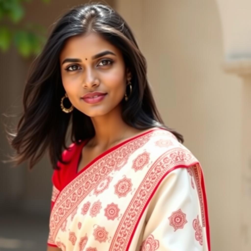 A realistic portrayal of a beautiful Bengali young lady dressed in a traditional red-bordered white saree, featuring intricate patterns