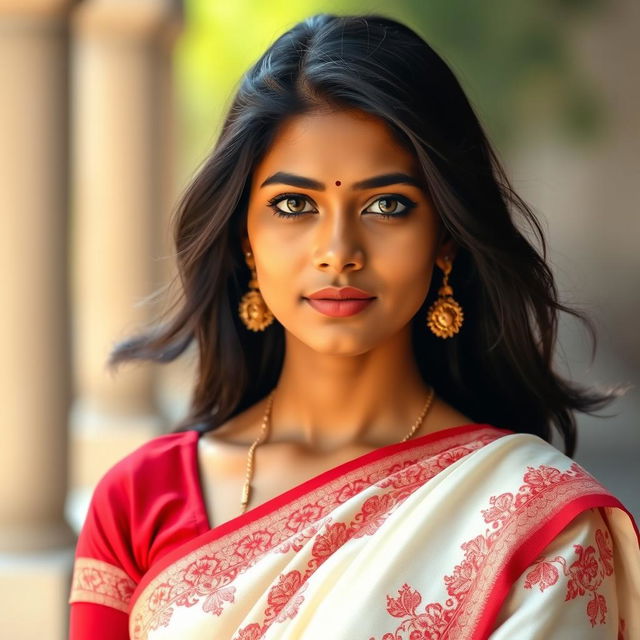 A realistic portrayal of a beautiful Bengali young lady dressed in a traditional red-bordered white saree, featuring intricate patterns