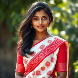 A realistic portrayal of a beautiful Bengali young lady dressed in a traditional red-bordered white saree, featuring intricate patterns