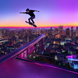 A skateboarder performing a gravity-defying trick high above a neon-lit cityscape, with a spectacular sunset and a futuristic vibe.