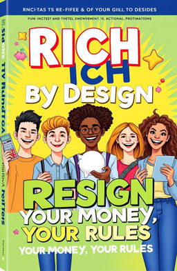 Illustration of a vibrant, engaging book cover for "Rich by Design: Your Money, Your Rules"